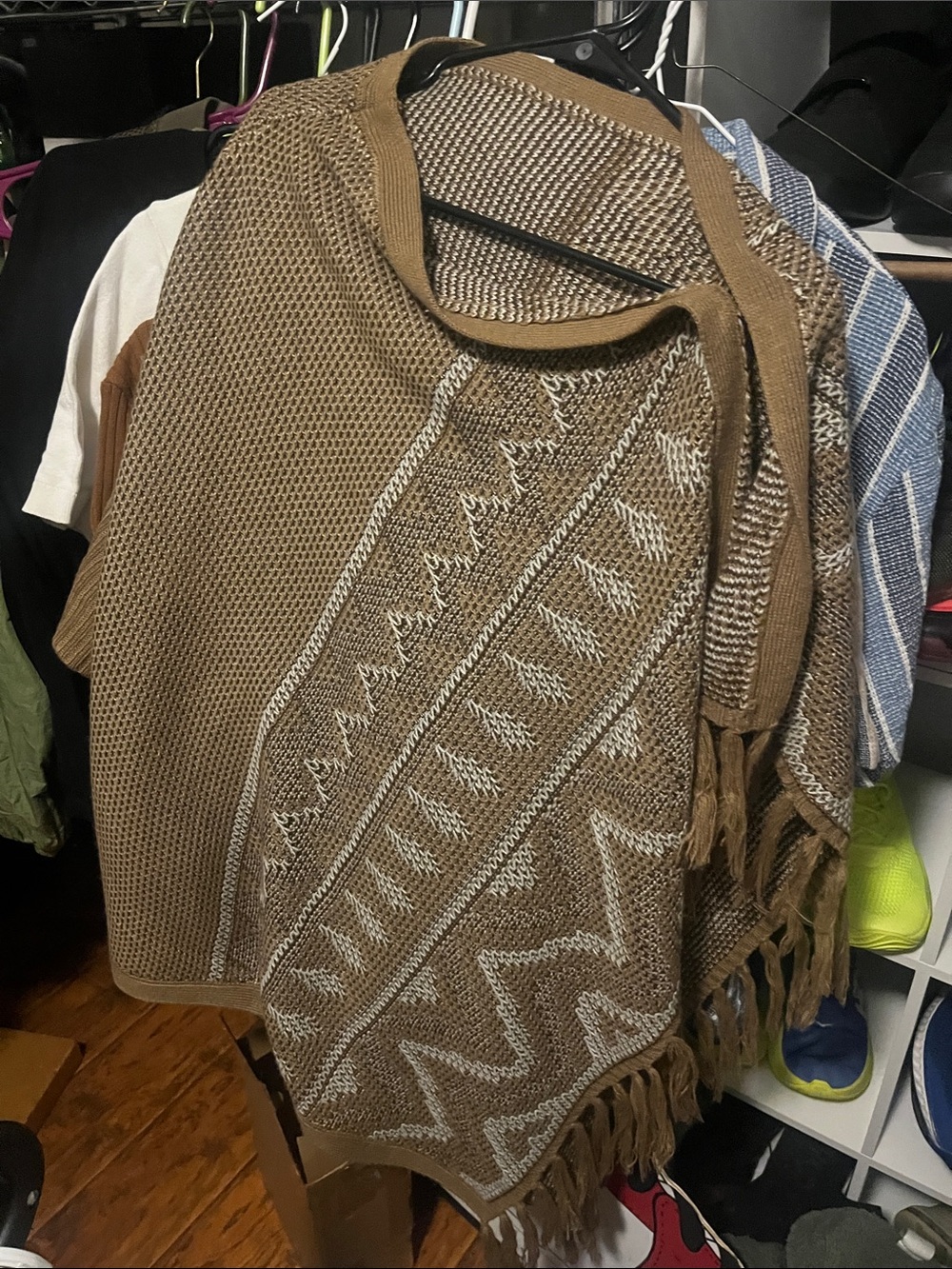 Women's Brown Fringe Knit Sweater Poncho